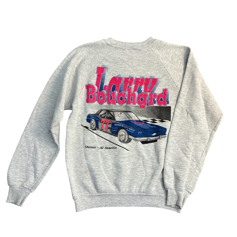 Vintage Jerzees Larry Bouchard Racing Sweatshirt Gray Raglan Made in USA Mens M